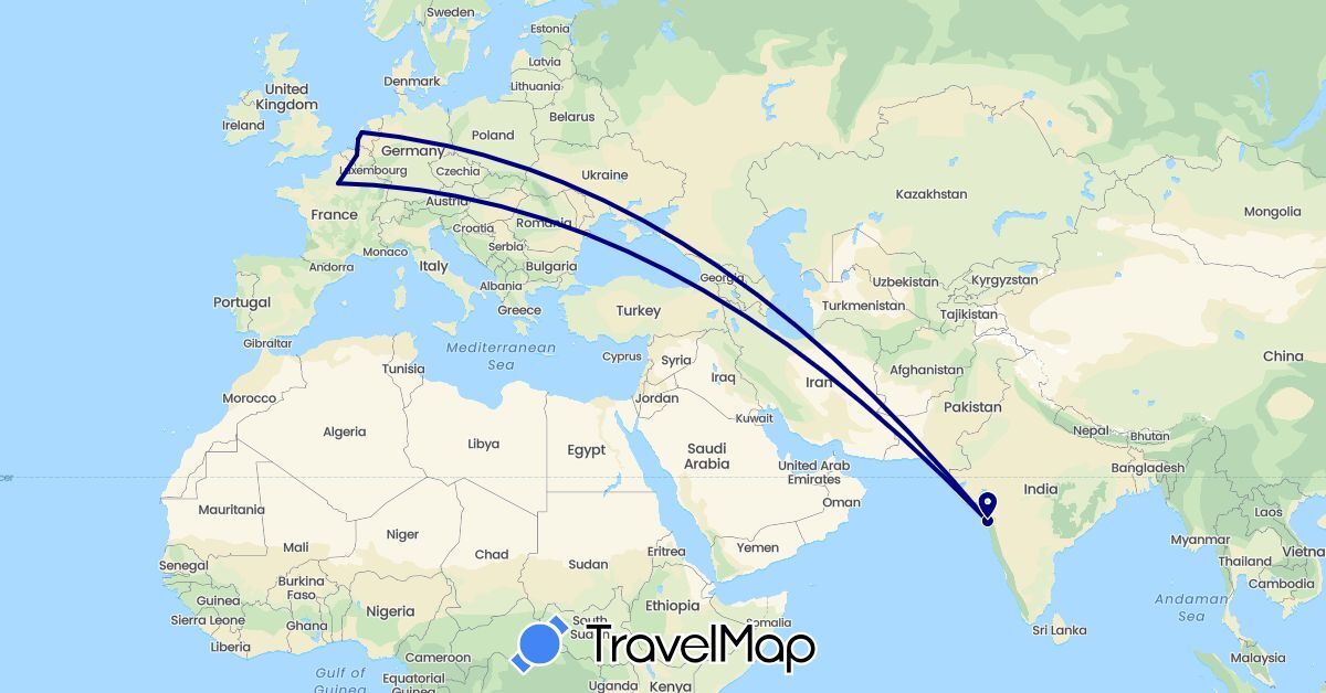 TravelMap itinerary: driving in Belgium, France, India, Netherlands (Asia, Europe)
